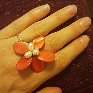 Pearl Red flower adjustable ring